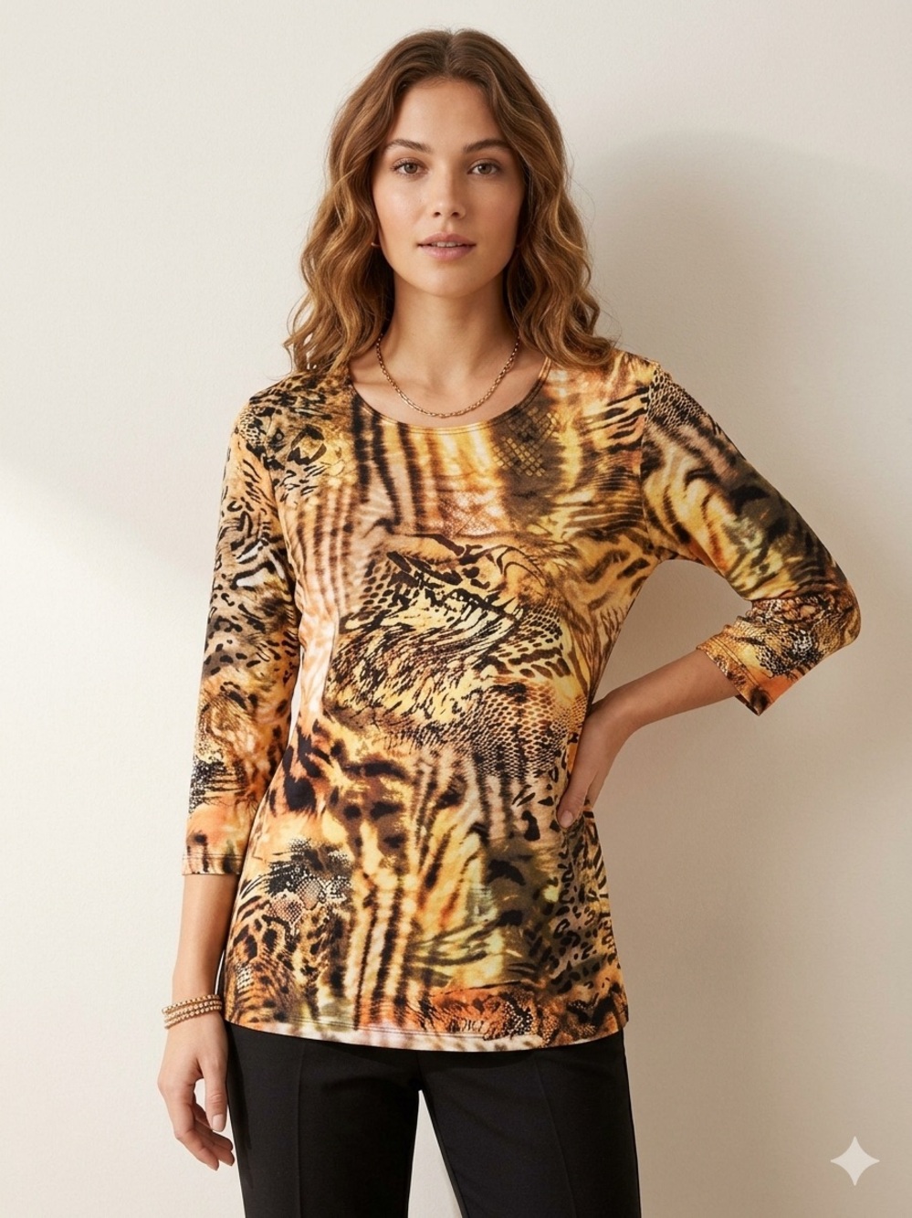 Amanda Women's Animal-Print Long Sleeve Scoop Neck Top - Yellow/Brown